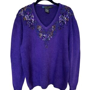 VTG 1990s IB Diffusion Pullover Sweater Size L Sequined Silk Angora Lambswool‎